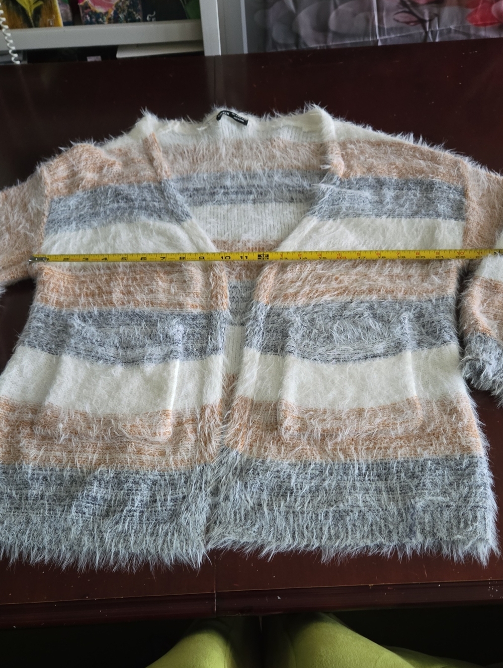 Cozy Striped Fuzzy Open Cardigan - White, Gray & Beige